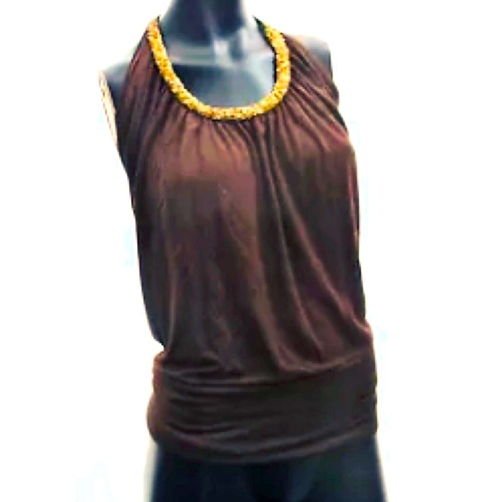Beautiful brown beaded halter top by Robert Rodriguez. Ties up in back. Small